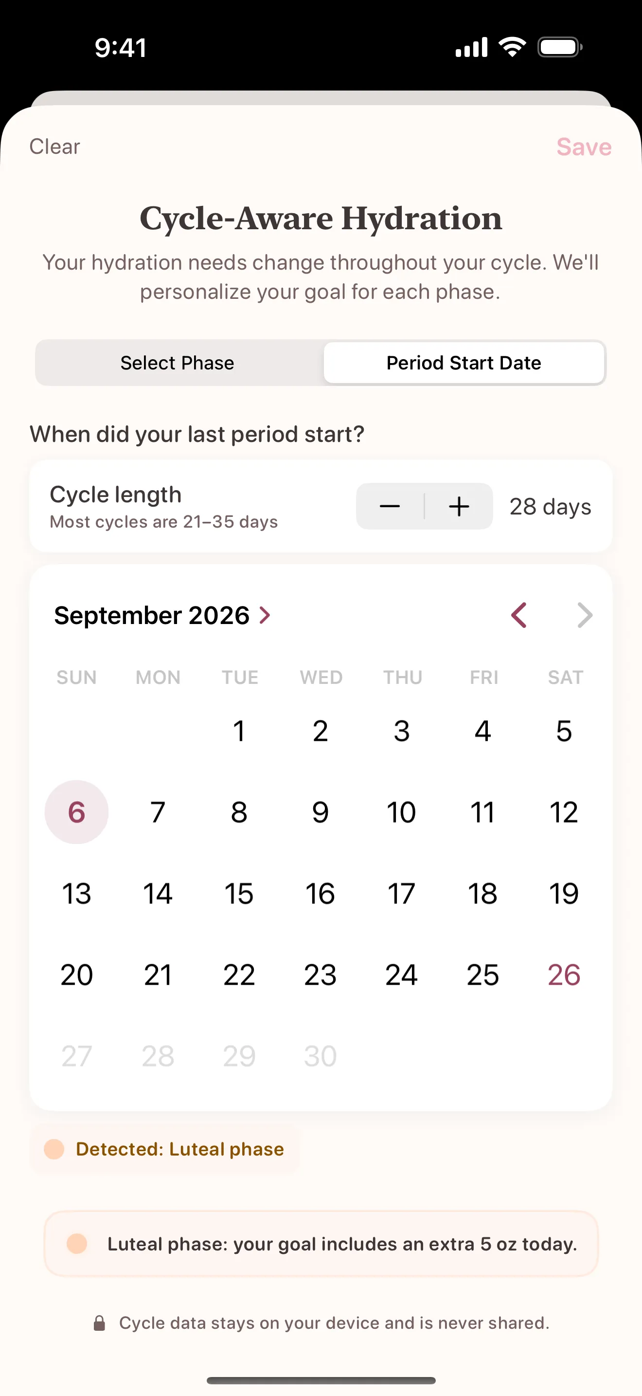Cycle-aware hydration goals that adjust to each phase, with cycle data kept on device