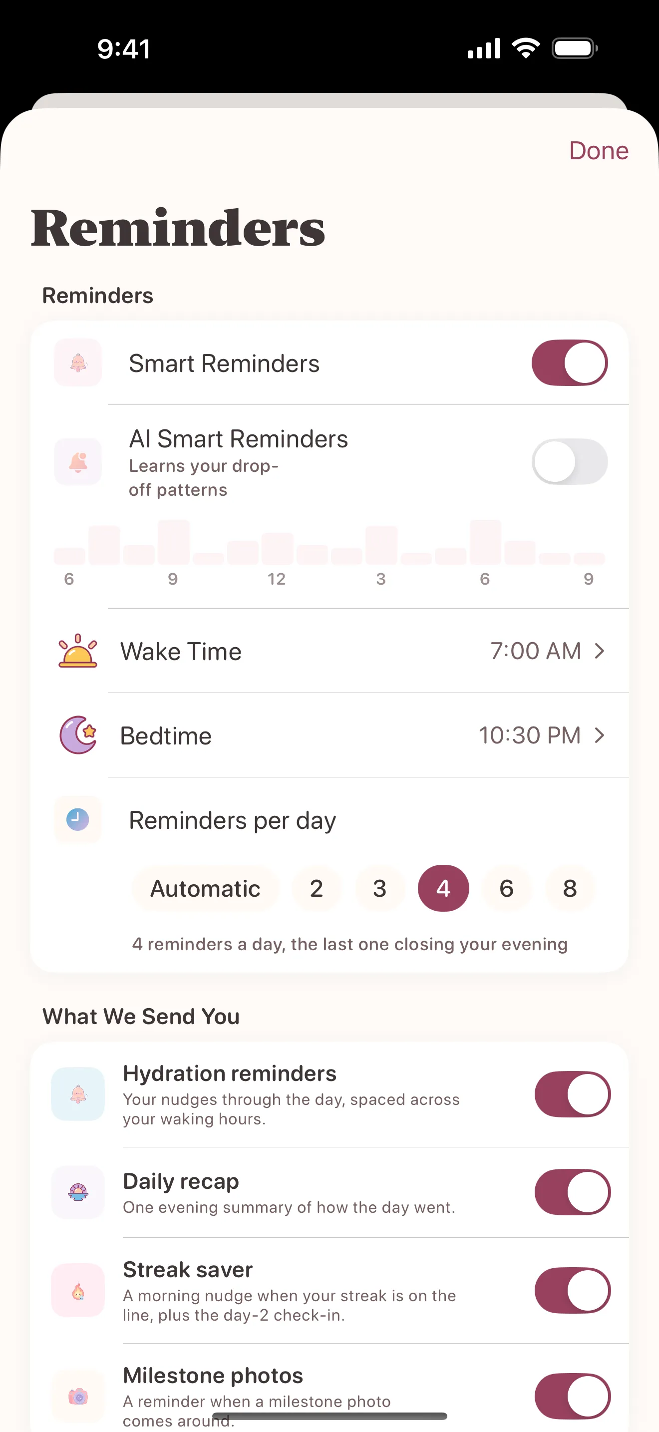 Smart reminders with adaptive schedule, wake and bedtime windows, and per-day frequency